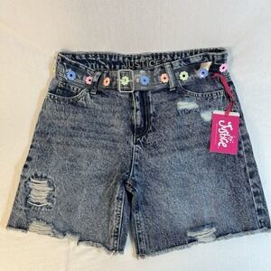 NWT Justice Girls Long Denim Shorts Colorful Belt Distressed Medium Wash Size 12